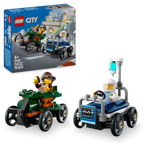 City Pack de Coches de Carreras: Avión vs. Cama de Hospital de Juguete, Autos Locos de Carreras con 2 Minifiguras de Piloto y Paciente, Regalo para Niños y Niñas de 5 Años o Más 60459