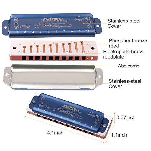 Easttop Professional Harmonica Blues Key of E 10 Hole 20 Tone Heavy Duty with Case & Cleaning Cloth for Professional Player, Beginner, Students, Children, Kids, Blue,Best Gift