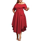 Plus Size Women Wedding Guest Dress Off Shoulder Boat Neck Irregularly Flowy Midi Church Dress