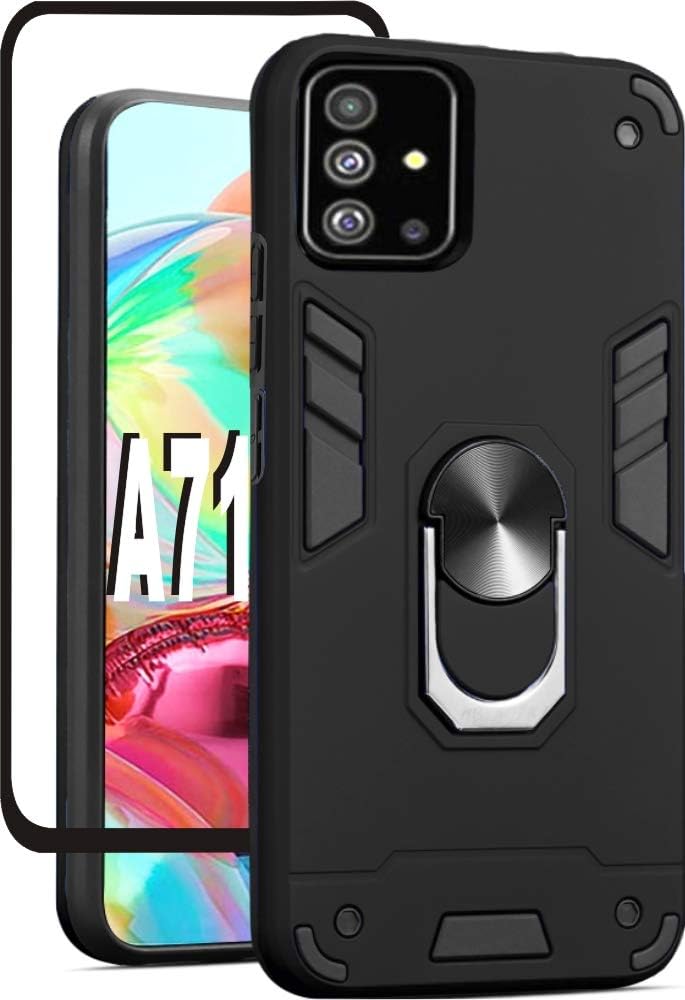 HNHYGETE Samsung Galaxy A71 4G Screen Protector Hard Back Cover,Rubber Bumper Hybrid,with 360 Rotation Ring Holder Kickstand Case for A71 (2020) 6.7" (Black)