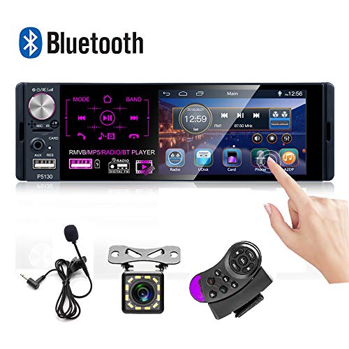 Car Stereo 4'' Capacitive Touch Screen Single Din Bluetooth Car Player FM/AM/RDS Radio Receiver with Dual USB/AUX-in/SD Card Port + Backup Camera + Microphone