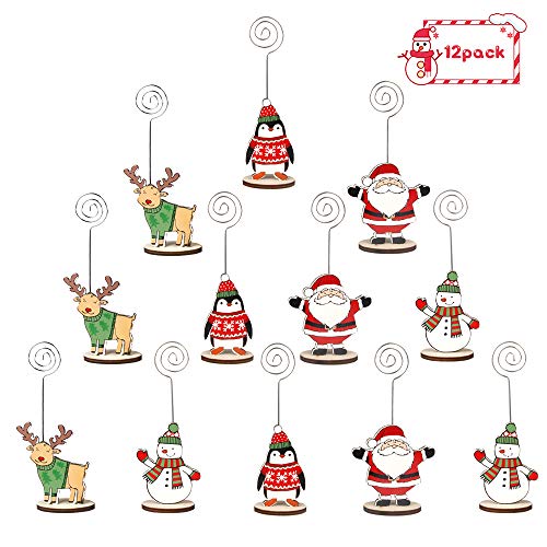 Amytalk 12Packs Christmas Wood Place Card Holders with Swirl Wire and 20Pcs Kraft Place Cards, Wooden Table Memo Photo Picture Number Sign Stands Holder for Party Table Decorations