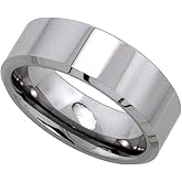 Tungsten Carbide 8 mm Flat Wedding Band Ring His & Hers Mirror Polished Finish Beveled Edges sizes 5 to 15