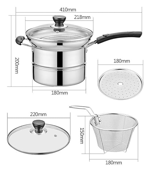 STAINLESS STEEL STUDENT POT, 8.6 “FOR 1-2 PEOPLE, COOKING POT, DEEP FRYER, STEAMER, MULTIPURPOSE POT. FEATURES GLASS LID, STAINLESS STEEL STEAMER RACK AND BASKET.