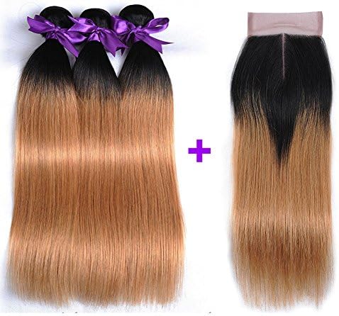 3 Bundles Ombre Straight Virgin Hair With Closure Top Quality Brazilian Straight Human Hair Extensions 2 Tone Ombre Brazilian Hair Weaves Blonde Color (18 20 22+16 closure, 1B/27)