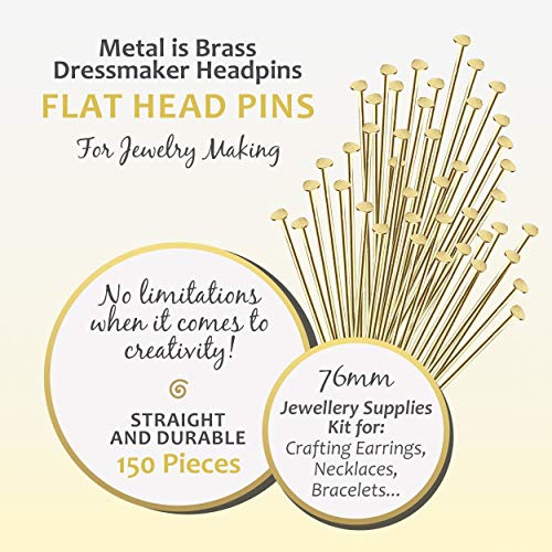 Jewelry Head Pins for Jewelry Making | Ship Straight and Unbent (150 Pieces, 3 Inches, 76mm, 22 Gauge) Flat-Head Brass Dressmaker Headpins | Jewellery Supplies Kit for Crafting Earrings and Bracelets