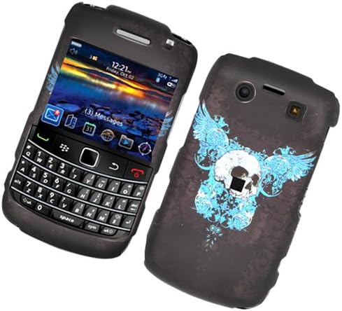 Black with Blue Wing Skull Rubberized Snap on Hard Skin Faceplate Phone Shield Cover Case for Blackberry 9700 Bold 2 Bold2 Onxy