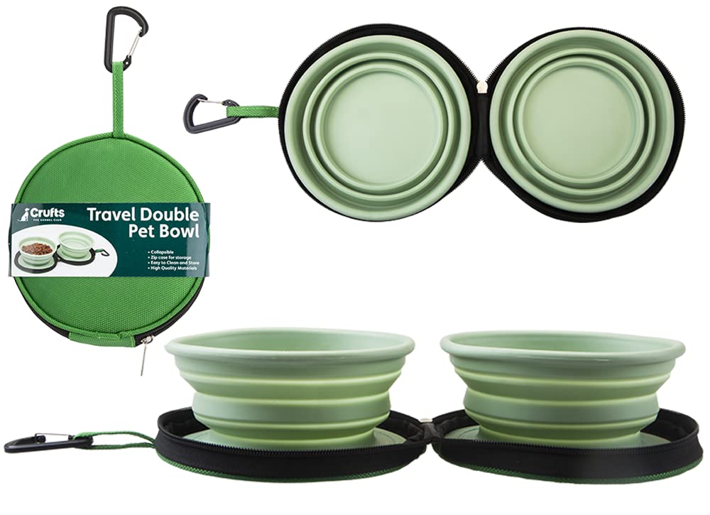 Green Double Travel Pet Bowl in Zip Case with Hook - 1 Piece- Portable & Convenient, Perfect On-the-Go Feeding and Hydration
