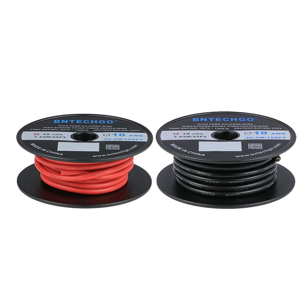 BNTECHGO 10 Gauge Silicone wire spool red and black each 25ft Flexible 10 AWG Stranded Tinned Copper Wire