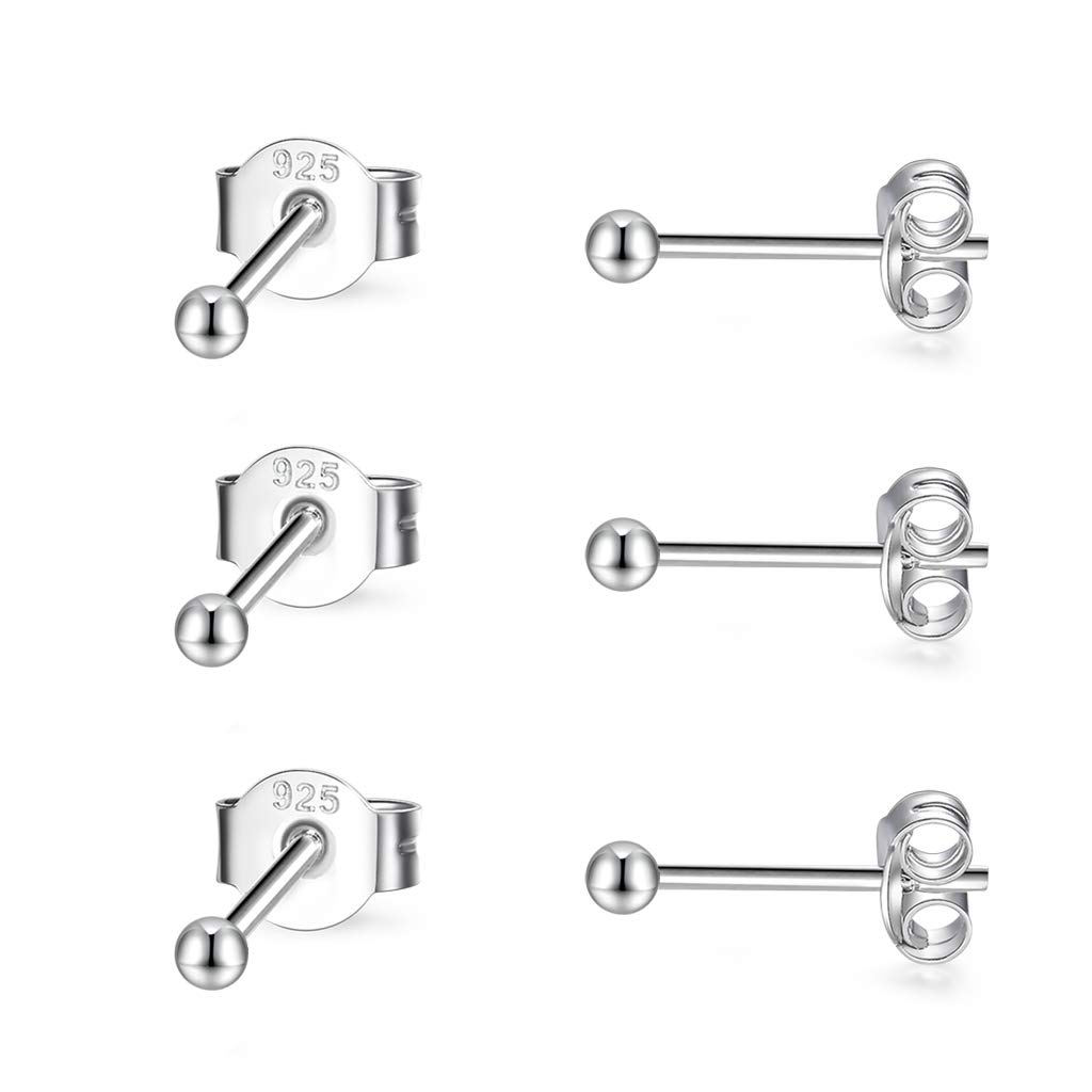CERSLIMO 3 Pairs Sterling Silver Stud Earrings for Women Men Girls 2mm Tiny Silver Ball Earrings Set Cartilage Small Tragus Earrings for Sensitive Ears