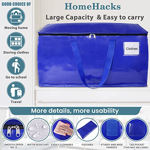 HomeHacks Moving Bags Heavy Duty with Strong Zippers and Handles Collapsible Moving Supplies, Storage Totes for Packing & Moving Storing 93L,8-Pack, Blue