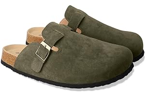 SATUSTA Clogs for Women Suede Soft Leather Clogs Classic Cork Clog Antislip Slippers Waterproof Mules House Sandals Buckle