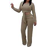 ABKY Two Piece Sets For Women Sexy Tie Front Long Sleeve Crop Top Wide Leg Pants Set Casual Tracksuit Ribbed 2 Piece Outfits