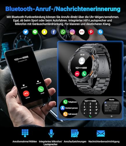 LIGE Men's Smartwatch with Phone Function, 1.39 Inch Military Smart Watch with 24H Heart Rate, Blood Pressure, Sleep Duration, 100+ Sports Modes, Fitness Watch, 300+ Dials, IP67 Waterproof, Black