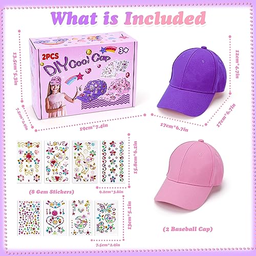 LITTLEFUN Decorate Your Own Baseball Cap with Glitter Gem Stickers for Kids Crafts Toys Gifts - Girls Birthday Presents