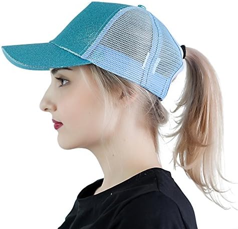 EDINSY Women Ponytail Cap Messy High Bun Glitter Ponycap Mesh Trucker Travel Shading Adjustable Baseball Glitter LightBlue