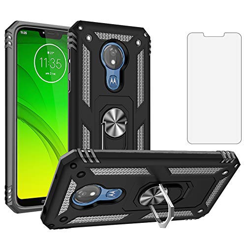 Phone Case for Motorola Moto G7 Power/G7 Supra with Tempered Glass Screen Protector Cover Magnetic Stand Holder Rugged Hard Shockproof Heavy Duty Accessories MotoG7Power G 7 7G MotoG7 G7Power Black