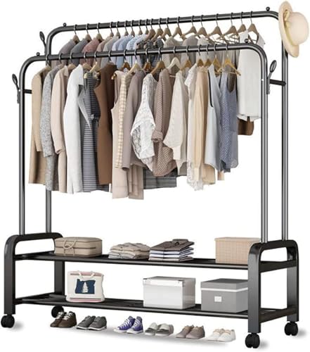 ORCHID M® Double Rod Clothing Rack with Wheels,Heavy-Duty Clothes Hanging Rack with Lockable Wheels for Bedroom, Free-Standing Closet Organizer with Storage Shelves, Entryway, and Office
