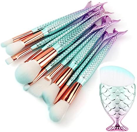 Cosmetic Brushes Set, Booekear Adorable Fish Tail Mermaid Shape Makeup Brushes Set Lip Eyeliner Eyeshadow Blending Brushes Concealer Brushes (11PCS, Blue &amp; Large &amp; Special Brush)