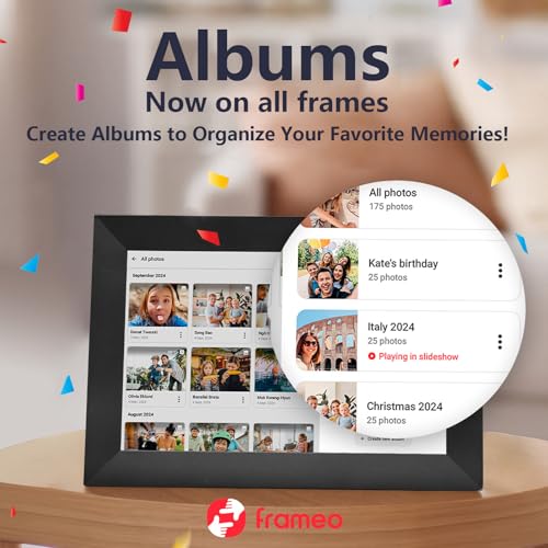 AKImart Marco Digital FRAMEO WiFi de 10.1" con Pantalla IPS táctil (1280x800). Rotación automática, Memoria Interna de 32 GB. Envía Fotos al Instante Desde Cualquier Lugar con la App Frameo