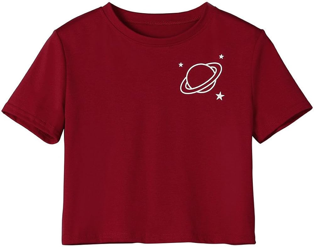 TOPUNDER Summer Women Casual Shirt Planet Printed Tank Short Sleeve Blouse Crop Tops