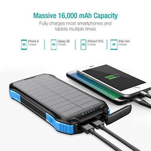 Power Bank, Soxono Solar Charger with Qi Wireless Charger and 2 USB Port Ultra Waterproof Portable Phone Charger 16000mAh External Battery Pack with 15 LEDs Flashlight for iPhone, iPad, Samsung