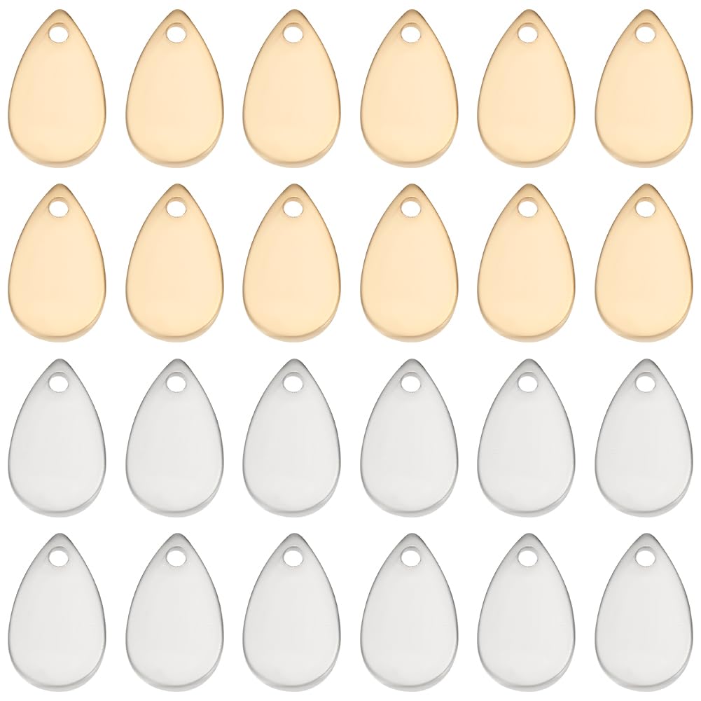 Beebeecraft 1 Box 80PCS 2 Colors Flat Teardrop Charms 24K Gold & Sterling Silver Color Plated Brass Golden Silvery Pendants Blank Stamping Tag Charms for Jewelry DIY Making