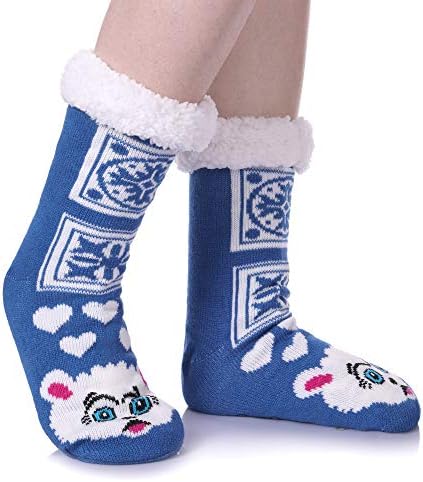 Womens Sherpa Winter Fleece Lining Knit Animal Socks Non Slip Warm Fuzzy Cozy Slipper Socks