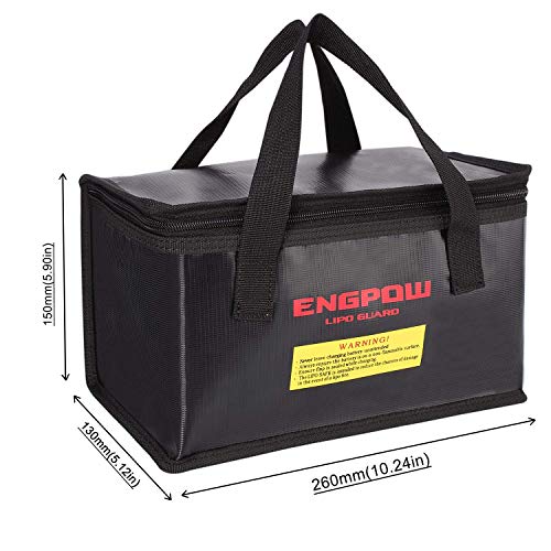 ENGPOW Fireproof Explosionproof Lipo Safe Bag for Lipo Battery Storage and Charging,Large Space Fire and Water Resistant Lipo Battery Guard with Double Zipper (260x130x150mm) (Black)