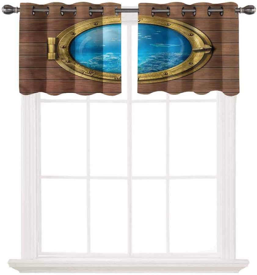 oobon Short Straight Drape Valance,Shark,Submarine Chamber Window,Grommet Tier Curtains for Living Room Bedroom Bathroom,W54 by L18,2 Panels