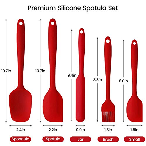 Silicone Spatula Set, Heat Resistant Kitchen Spatulas for Non-Stick Cooking and Baking, Seamless One Piece Design, Flexible Spatula, Dishwasher Safe, Rubber Spatula Set of 5 (Red)