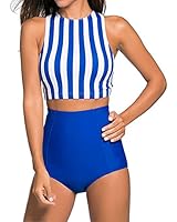 Blue &amp; White Stripe Padded Tankinis Bathing Suit with High Waisted Sport Shorts