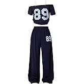 RoseSeek Girl's 2 Piece Sports Summer Outfits Graphic Off the Shoulder Jersey Shirts and Sweatpants Set