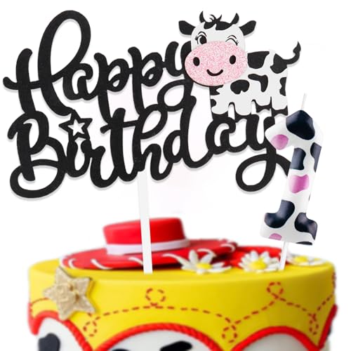 Birthday Decoration 1 Year with Cow Theme Happy Birthday Cake Decoration and Candles Birthday, Decoration Birthday 1 Year for Children Girls