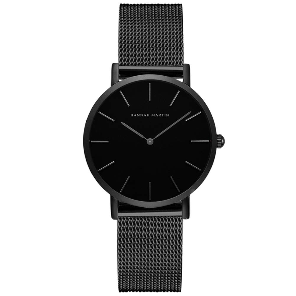 Hannah Martin Ultra Thin Stainless Steel Mesh Band Waterproof Quartz Women's Wrist Watch (Black Dial, Black Band)