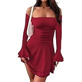 ABINGOO Women Off Shoulder Ruched Mini Dress Sexy Long Sleeve Ruffle Tiered Flowy Tube A Line Dress Fall Bodycon Short Dress