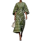 Nupucy Women's Boho Floral Printed 3/4 Batwing Sleeve Crew Neck Dress Casual Loose A-Line Tie Waist Midi Dresses for Women