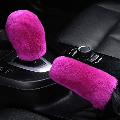 OGLAND Fluffy Natural Fur Sheepskin Car Gear Shift Handle Level Stick Knob Covers for Automobile Selector Handball Collar, Handbrake Cover (F-Pink): Automotive