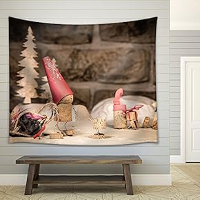 Concept Santa Claus with Presents of Wine Cork Figures - Fabric Wall Tapestry Home Decor - 51x60 inches