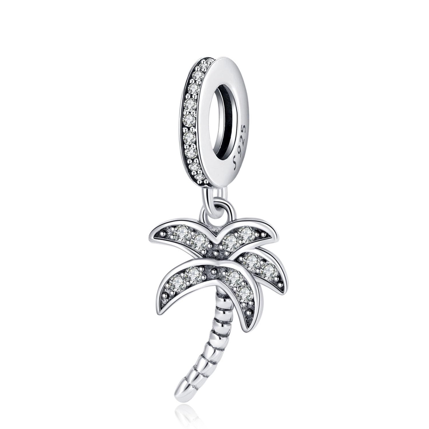 925 Sterling Silver Sparkling Palm Tree Charm Memory Bead Vocation Charm Lucky Charm for Pandora Bracelet