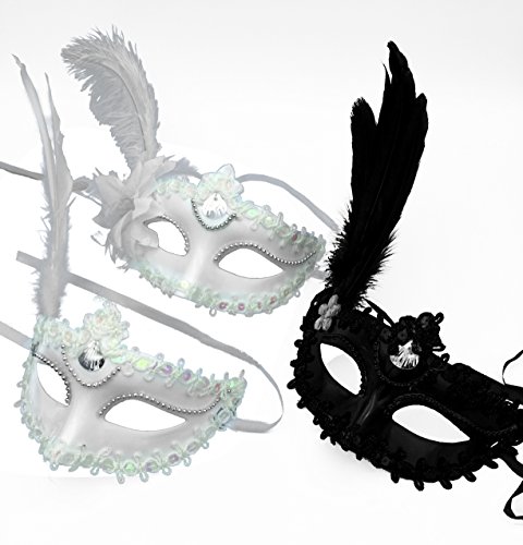3 Pack Lace Sexy Mask Masquerade Party Costume Mask with Feather white&black - Image 3