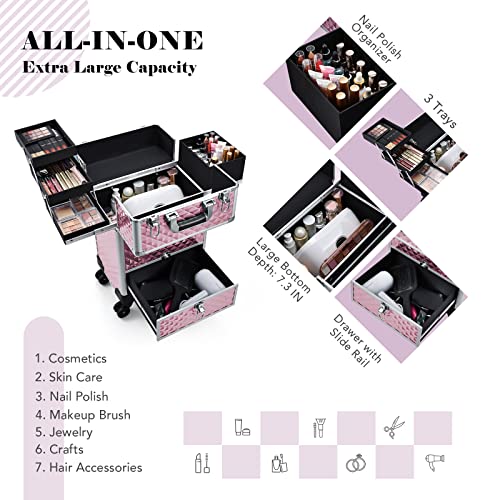 Rolling Makeup Case with Drawer Cosmetology Case on Wheels Makeup