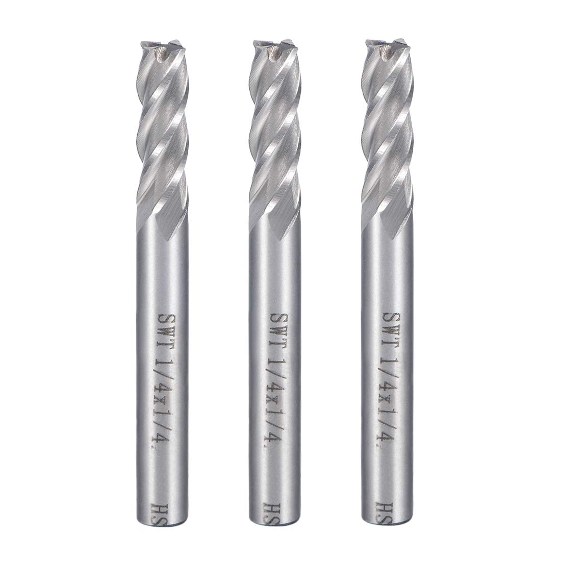 sourcingmap 3Pcs 1/4" Cutting HSS-AL Spiral Drill Bit Straight End Mill Cutter 4 Flute with 1/4" Shank