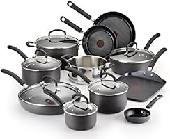 T-fal Hard Anodized Cookware Set, Nonstick Pots and Pans Set, 17 Piece, Thermo-Spot Heat Indicator,  Black