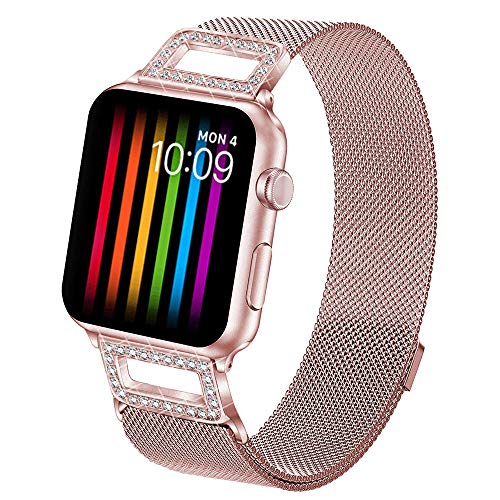Amzelas Bling Compatible Bands Replacement for Apple Watch Series 4 3 2 1 38mm 40mm 42mm 44mm, Milanese Sport Straps Drill iWatch Wristbands All Models (Rose Gold 38mm/40mm)