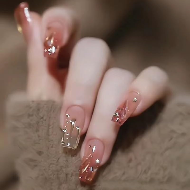 BSLVWG False Nails Long Fake Nails Gold Foil Press on Nails Ballerina Acrylic Stick on Nails 24pcs for Women and Girls (26), Variety Pack — image 1