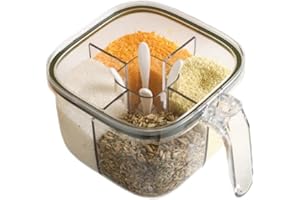 NAN WIND Brand Clear Box, 4-Compartment Sealed Container Set with Lid, Cover & Serving Spoons, Plastic Kitchen Condiment Jars to Store Salt, Pepper, Powder