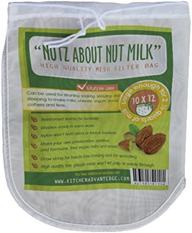 "Nutz About Nut Milk" Mesh Bag -#1 Multi-Purpose Kitchen Tool-Generous 10"x12" Size-Fine Mesh Food Strainer-Strains Nut & Seed Milks-Cold Brew Coffee-Tea-Yogurt-Cheese and Even Strain Juices- No Need for a Vita Mix