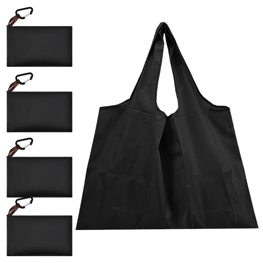 ADERTOS 4 PCS Large Foldable Shopping Bag Water Resistant Shopping Tote Bag Lightweight Reusable Grocery Bags Washable Shopper Bag Eco Tote Handbag Folds Into Attached Pouch for Storage (Black)