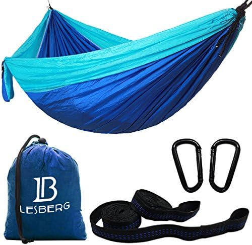 Double Camping Hammocks Garden Hammock Ultralight Portable Nylon Parachute Multifunctional Lightweight Hammocks with 2 x Tree Straps for Backpacking, Travel, Beach, Yard 118In(L) x 78In(W) Blue